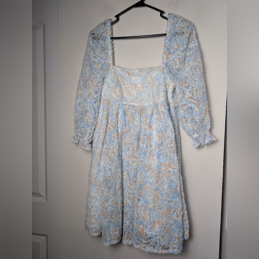 Storia Babydoll Dress Blue Tan Lacey Puff Sleeve Ruffle Square Neck Cottage Core - Picture 1 of 10